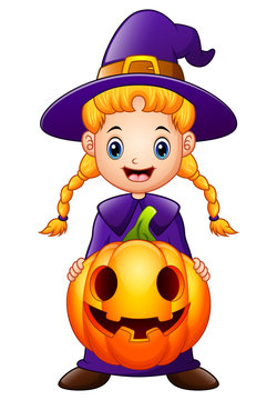 Cartoon little witch holding a pumpkin