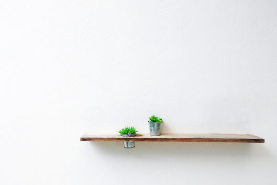 Wooden shelf and green plant on white concrete wall.