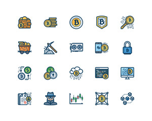 20 Bitcoin icon set, filled outline style