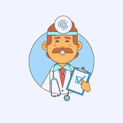 Young doctor holding a blank banner in the hands. Vector illustration