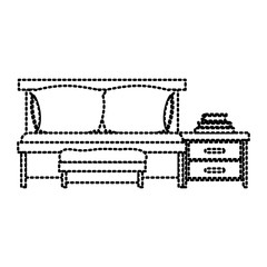 bedroom with sofa bed and books over nightstand dotted silhouette on white background