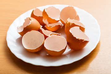 Many empty cracked eggshells