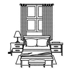 bedroom with window in the night landscape dotted silhouette on white background