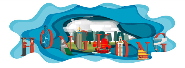 Travel infographic.Hongkong infographic,Hongkong lettering and famous Paris , Hongkong paper art concept.