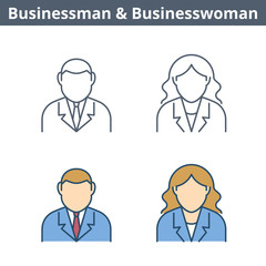 Occupations colorful avatar set: businessman, businesswoman. Flat line professions userpic collection. Vector thin outline icons for user profiles, web design, social networks and infographics.