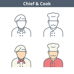 Occupations colorful avatar set: cook, chef, baker. Flat line professions userpic collection. Vector color thin outline icons for user profiles, web design, social networks and infographics.