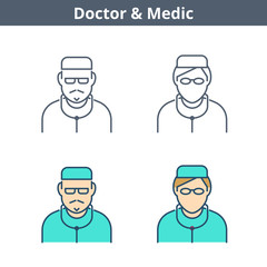 Occupations colorful avatar set: doctor, medic, nurse. Flat line professions userpic collection. Vector thin outline icons for user profiles, web design, social networks and infographics.