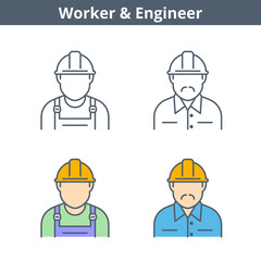 Occupations linear avatar set: engineer, worker. Thin outline icons.