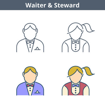 Occupations colorful avatar set: waiter, steward. Flat line professions userpic collection. Vector color thin outline icons for user profiles, web design, social networks and infographics.