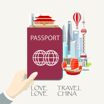 Travel infographic .China  infographic , hand holding passport  with landmarks of Shanghai.