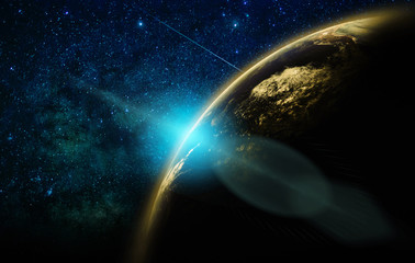 Plakat Part of earth with sun rise and lens flare over the Milky Way background, Internet Network concept, Elements of this image furnished by NASA