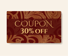 Gift coupon, gift card (discount, gift voucher) with floral (scroll, swirl) gold swirl pattern (tracery). Holiday background design for invitation, ticket. Vector
