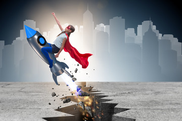 Superhero kid flying on rocket
