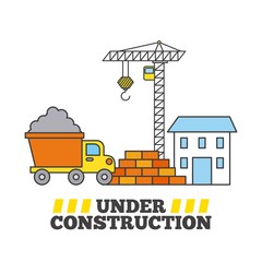 under construction house crane tipper truck and wall brick vector illustration