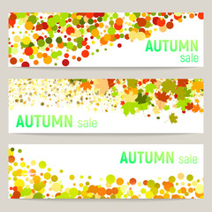 Set of three vector banners with colorful autumn leaves and circles on a white background. Autumn banners with leaves and circles. Vector illustration.
