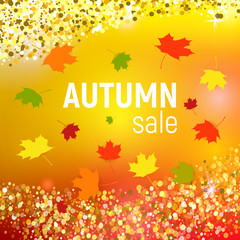 Vector autumn sale background with red, orange, green and yellow falling autumn leaves and circles on a orange background. Autumn sale background with leaves. Vector illustration.