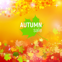 Vector autumn sale background with red, orange, green and yellow falling autumn leaves and circles on a orange background. Autumn sale background with leaves. Vector illustration.