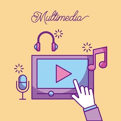 multimedia hand touch screen play button music microphone vector illustration