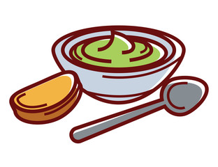 Avocado paste in bowl with small toast and spoon