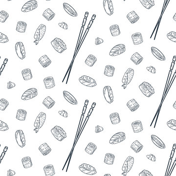 Vector seamless pattern with doodle sushi. Engrave asian food.
