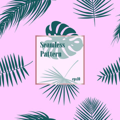 Fototapeta na wymiar Tropical pattern, seamless palm leaves background. Green pattern with palm leaf on pink background.
