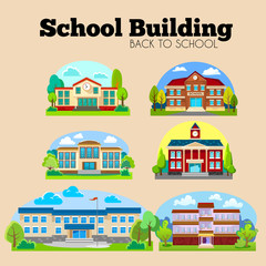 Obraz premium modern school buildings exterior, student city concept, elementary school facade urban street background, icons set vector illustration