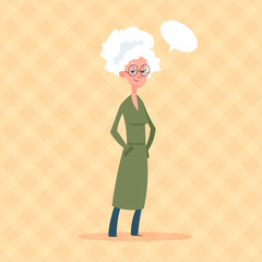 Senior Woman With Chat Bubble Modern Grandmother Full Length Lady Flat Vector Illustration