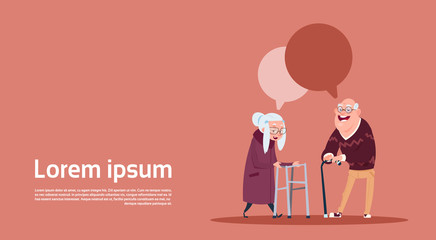 Couple Senior People With Chat Bubble With Stick Modern Grandfather And Grandmother Full Length Flat Vector Illustration