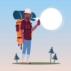 Traveler African American Man With Backpack Happy Young Guy On Hike Banner Flat Vector Illustration