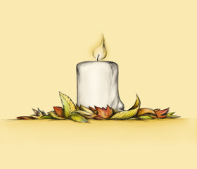 Dicke Kerze mit Herbstlaub 