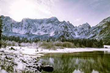 first snow at the mountain lake