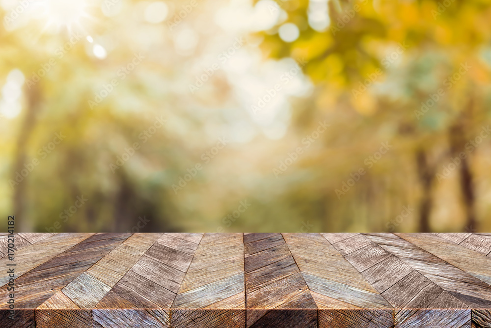 Aufkleber empty old rustic wood plank table top with blur forest tree with sunlight,autumn fall backgorund,moc