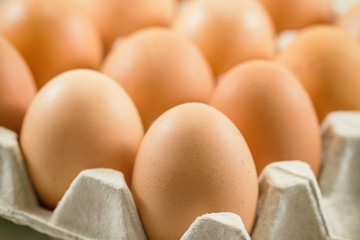 Fresh eggs in egg rack put on wood table. Prepare chicken eggs for cooking or bakery on rustic wood...