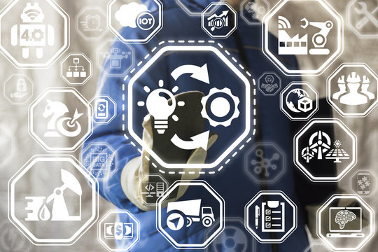 Implementation Smart Industry 4.0 Process Execution Engineering Concept. Worker Man Presses Light Bulb Gear Circular Arrows Button On A Virtual Industrial IT Interface.