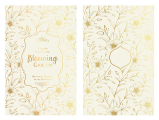 White invitation card design with text blooming garden. Lihgt invitation with handmade floral elements in golden style. Botanical Wedding Collection. Vector illustration.
