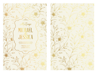 The marriage invitation card design for Michael and Jessica. Lihgt invitation with handmade floral elements in golden style. Botanical Wedding Collection. Vector illustration.