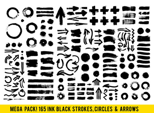 Vector Strokes. Abstract Backhground Set. Black Ink Paints, Dots and Arrows isolated on white background