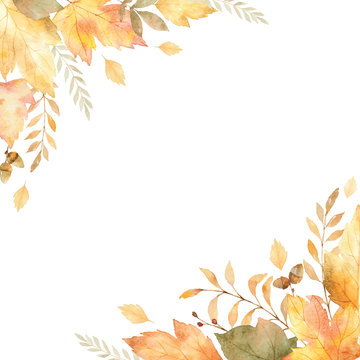 Watercolor vector frame of leaves and branches isolated on white background.
