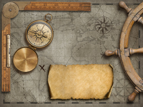 Fototapeta Old map background with compass. Adventure and travel concept. 3d illustration.