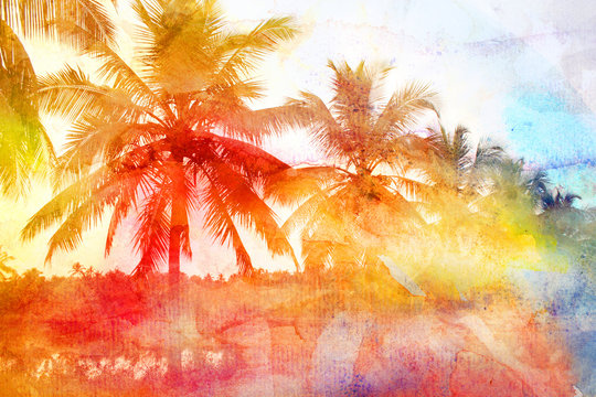 Retro photo background with palm trees