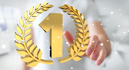 Businessman winning the first golden price 3D rendering