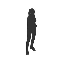 Woman in Short Dress or Skirt. Black Silhouette Standing Full Length Over White Background. Vector Illustration. Half Turn View