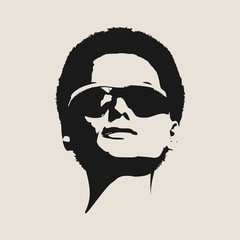 Portrait of beautiful woman in black sunglasses. Short hair. Vector version. Front view
