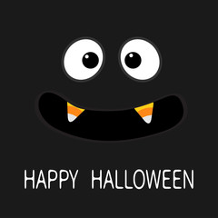 Happy Halloween. Scary face emotions. Big eyes, mouth with candy corn Vampire tooth fang. Baby Greeting card. Flat design style . Black background.