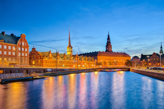 Copenhagen Cityscape with Christiansborg Palace at night in Copenhagen, Denmark