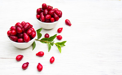 Juicy dogwood in white bowls on a white table. Copy space