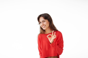 Everything is just fine. Attractive joyful young Latin woman wearing red casual top making ok sing and winking at camera, having good mood, enjoying success or happy day, posing at studio wall
