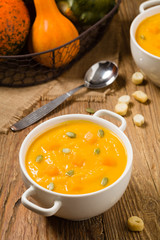 soup, cream of pumpkin served with roasted seeds and croutons.