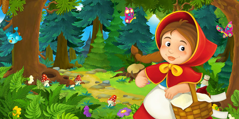 Obraz na płótnie Canvas cartoon scene with young girl walking through the forest - illustration for children