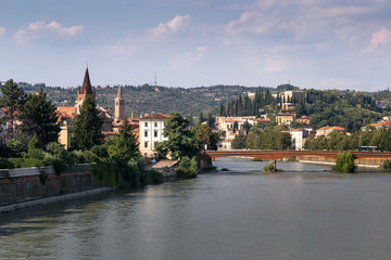 Verona, Italy - August 17, 2017: Beautiful panoramic view of the bridges of Verona.